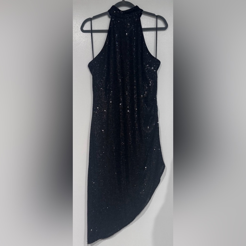 Lucy Paris Black Sequin Halter Asymmetric Dress L